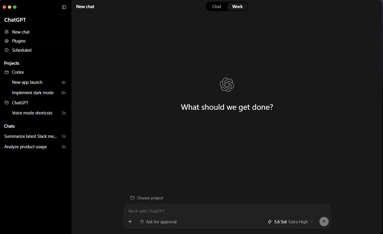 ChatGPT Work mode sidebar with Codex projects and delegated engineering tasks