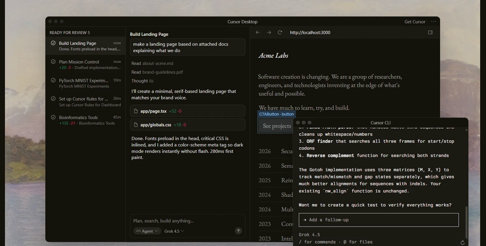 Cursor desktop agent reading project files, editing code and previewing the running app on localhost
