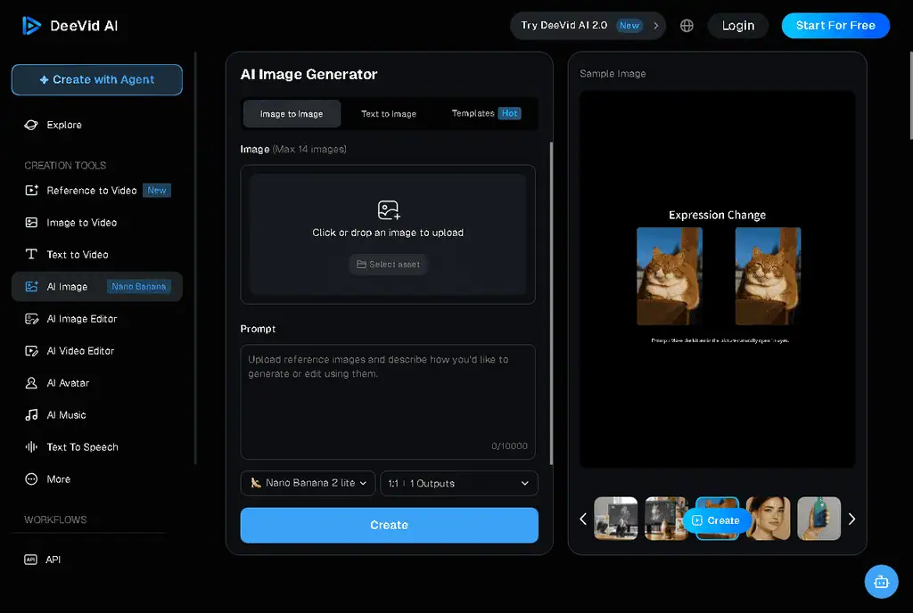 DeeVid AI image generator interface with the Nano Banana model