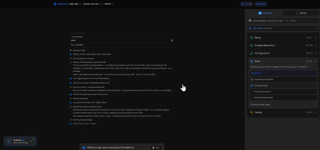 Kuberns deployment agent analyzing the repository, generating a Dockerfile and running the build steps