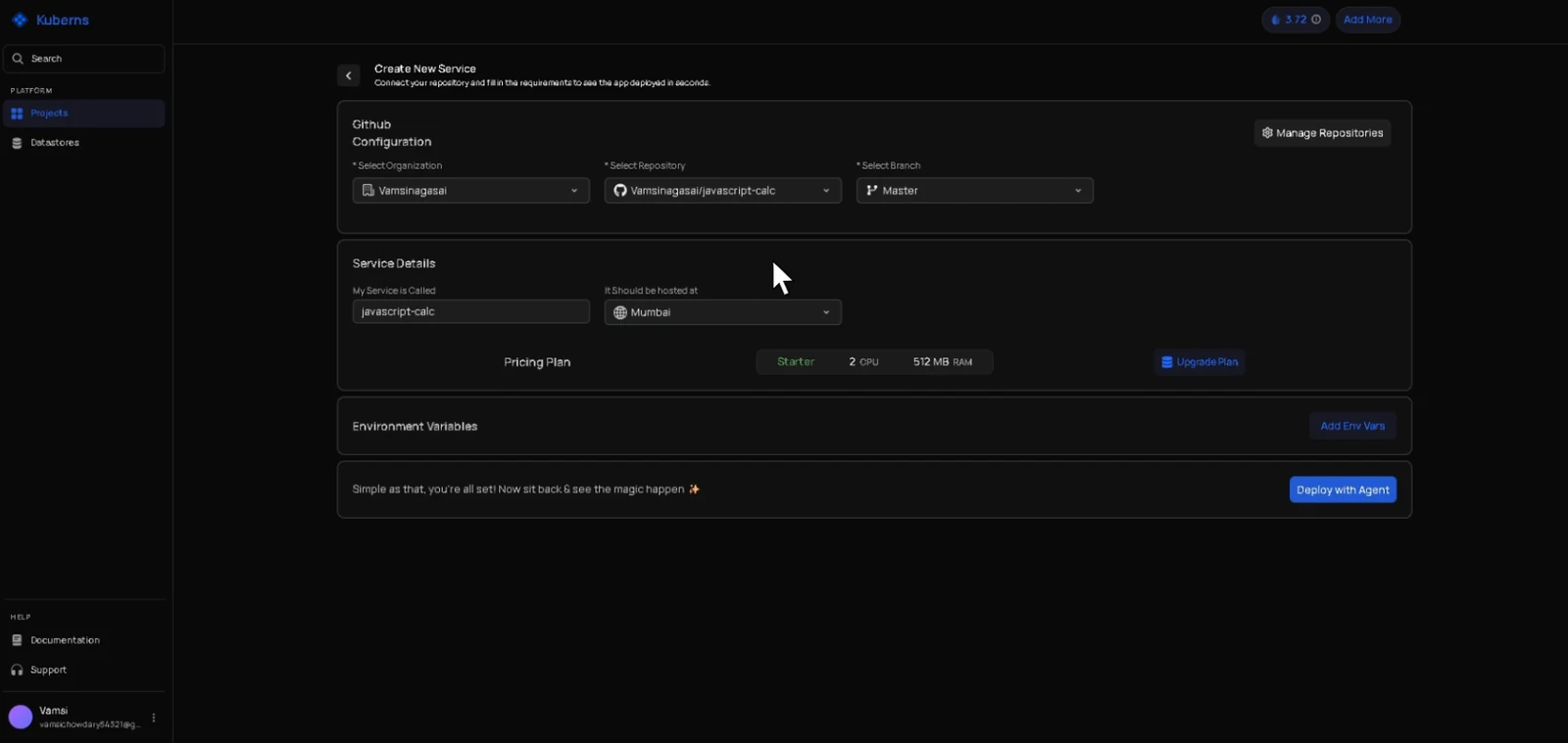 Kuberns create-new-service screen connecting a GitHub repository, branch, region and environment variables