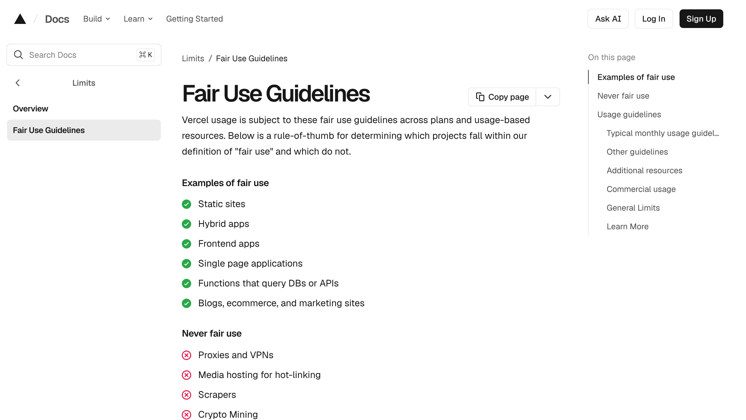 Vercel Fair Use Guidelines page showing the commercial usage definition and examples