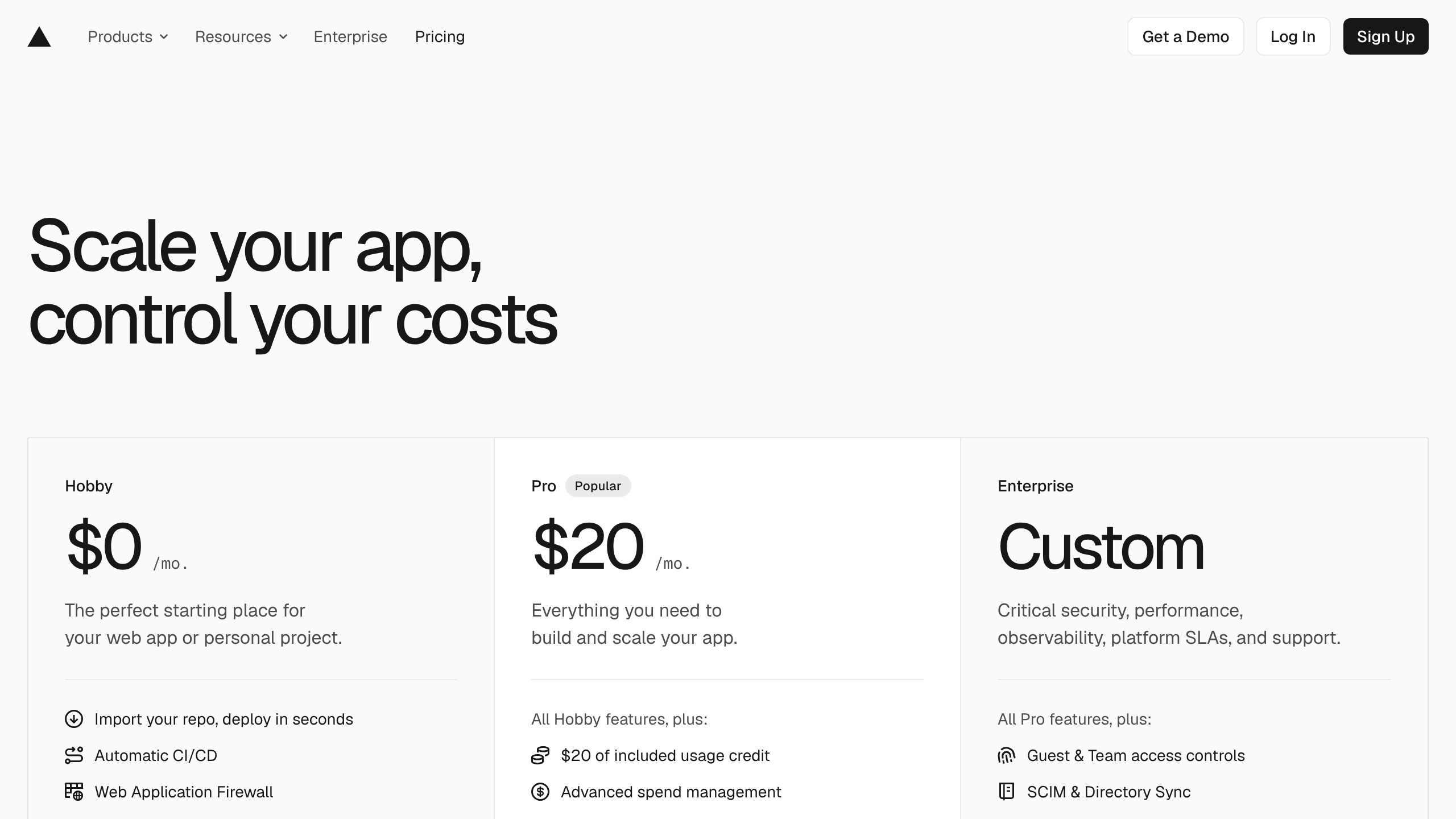 Vercel pricing page showing Hobby at $0, Pro at $20 per month, and Enterprise custom plans