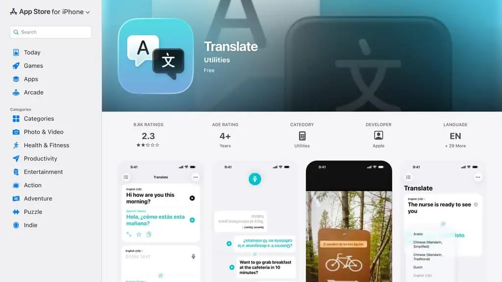 Apple Translate App Store listing showing its language list and user rating