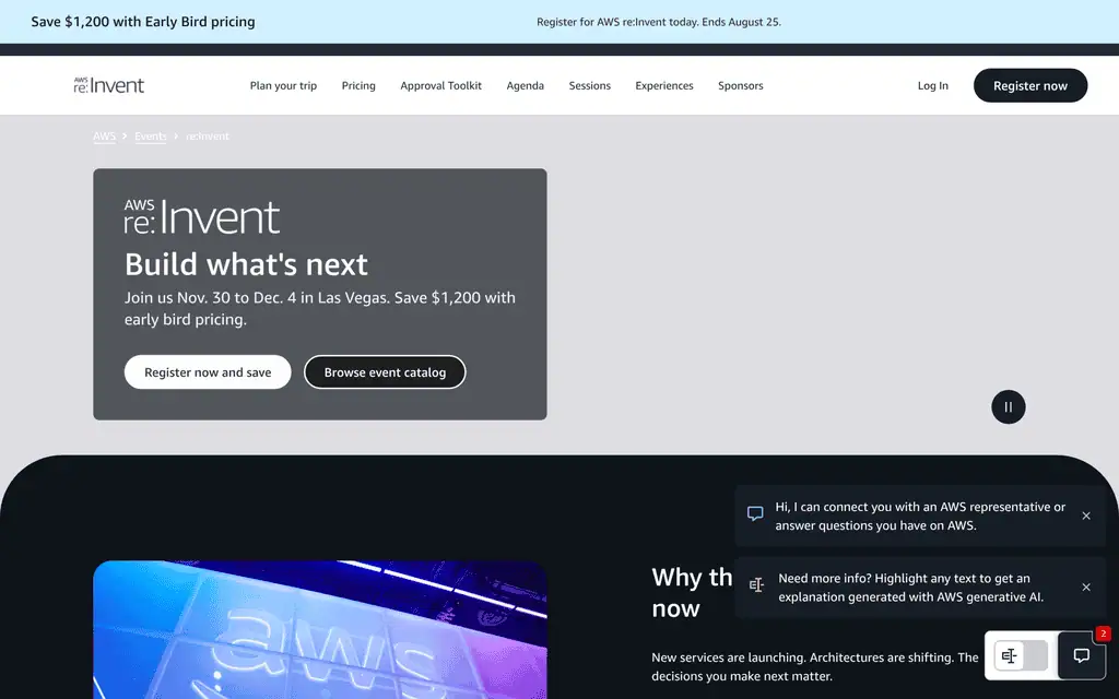 Homepage of the official AWS re website