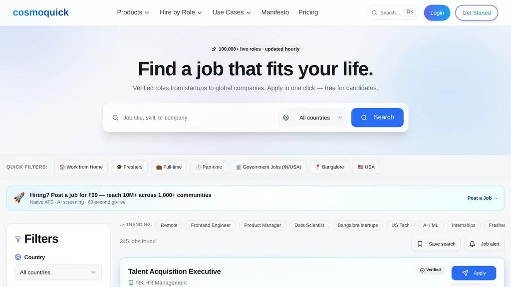 CosmoQuick job browse page showing 345 live roles against a 100,000+ listings claim