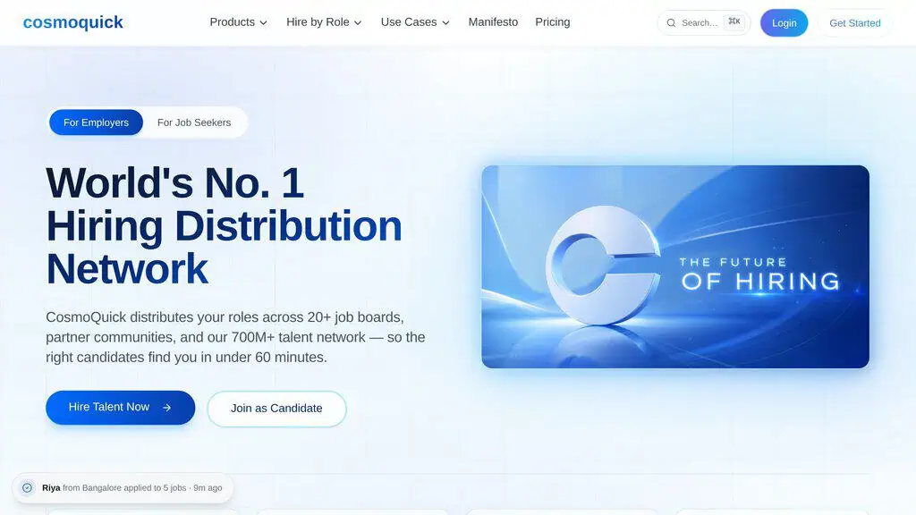 CosmoQuick homepage showing the hiring distribution pitch and flat $4.99 job post price