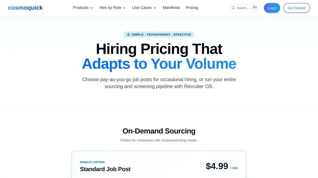 CosmoQuick pricing page with the $4.99 job post, Recruiter OS tiers and Unlimited plan