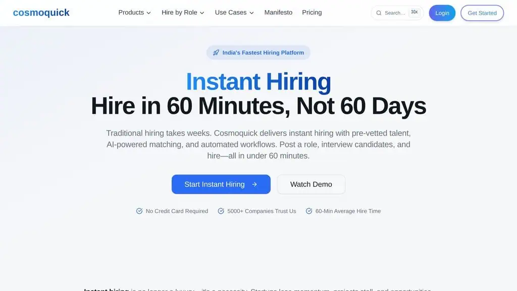 CosmoQuick instant hiring solution page explaining how one job post reaches many channels