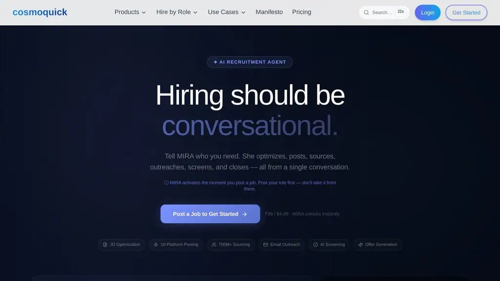 MIRA AI recruitment agent page showing JD optimization, 10-platform posting and AI screening