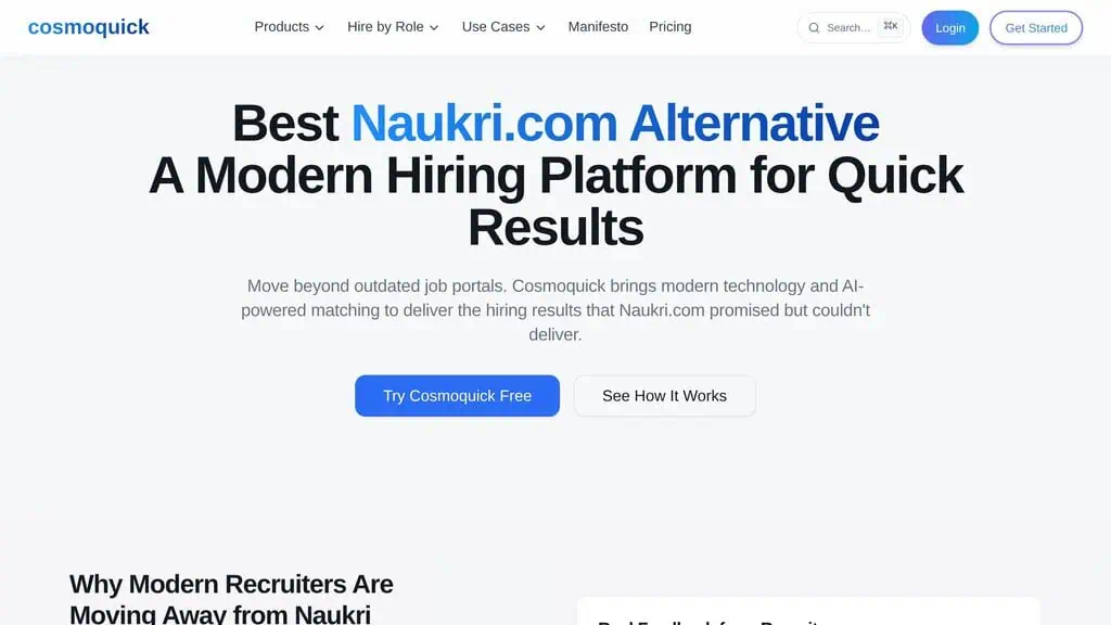 CosmoQuick Naukri.com alternative page positioning it against traditional Indian job portals