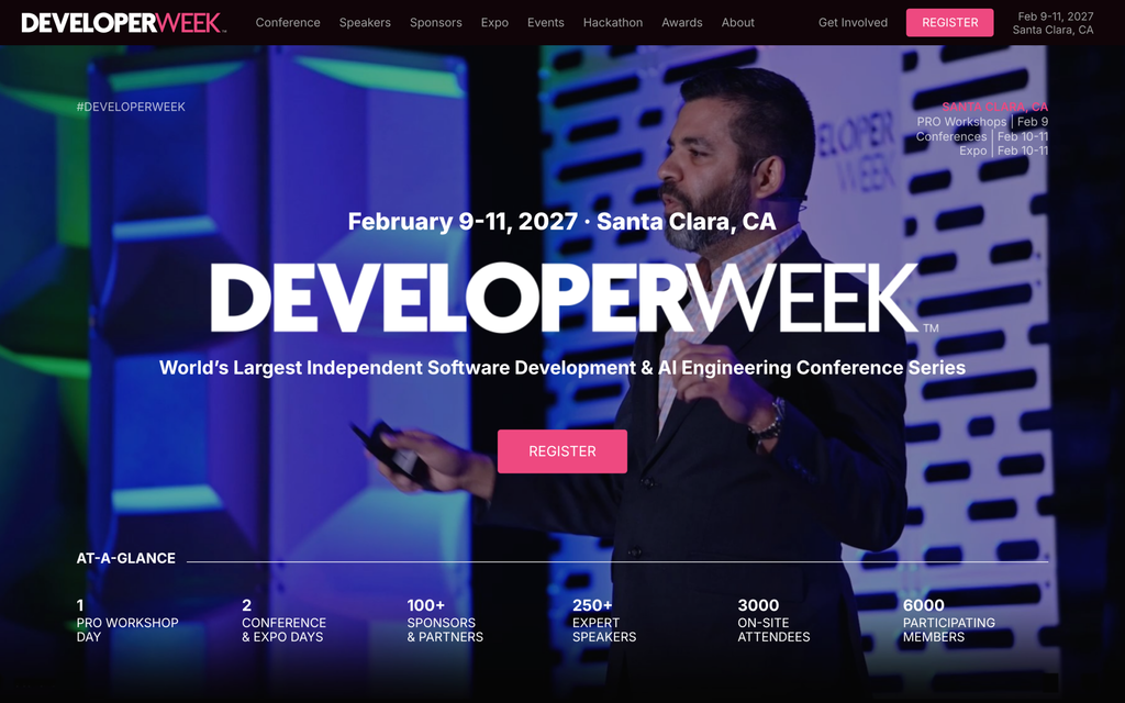 Homepage of the official DeveloperWeek 2027 website