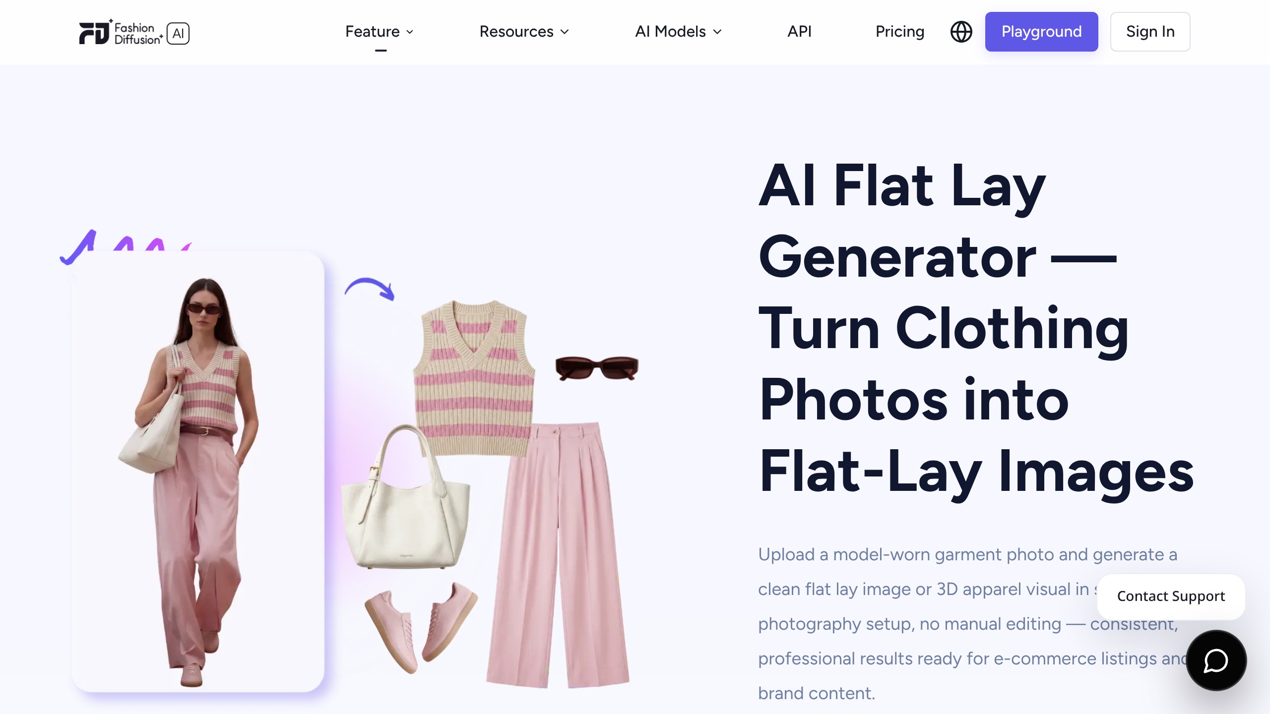 Fashion Diffusion AI flat lay generator converting a model-worn outfit photo into separated flat-lay product images