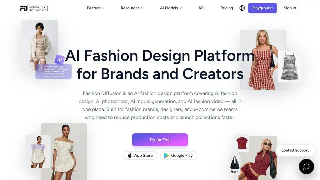 Fashion Diffusion AI homepage showing the AI fashion design platform for brands and creators with a free trial button