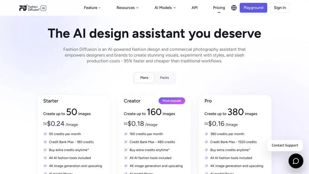 Fashion Diffusion AI pricing page showing Starter Creator and Pro credit plans at 12, 29 and 59 dollars per month