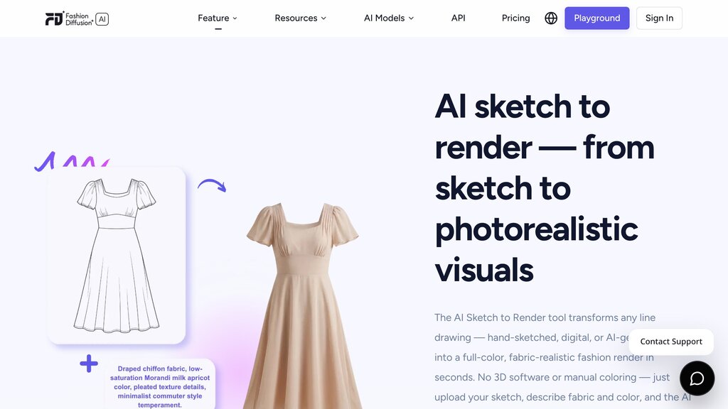Fashion Diffusion AI sketch to render turning a dress line drawing into a photorealistic chiffon garment visual