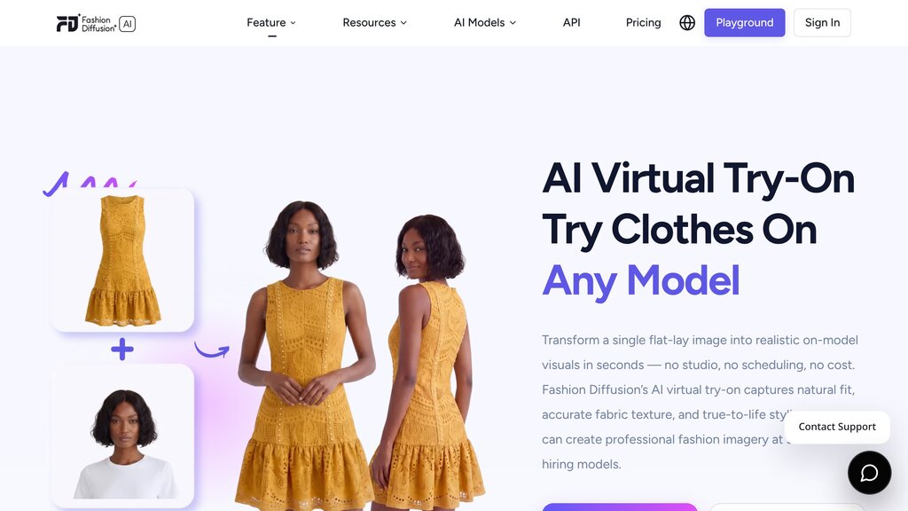 Fashion Diffusion AI virtual try-on turning a yellow flat-lay dress into front and back on-model shots