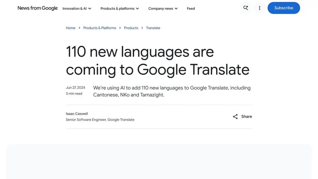 Google announcement of 110 new languages added to Google Translate using its PaLM 2 model