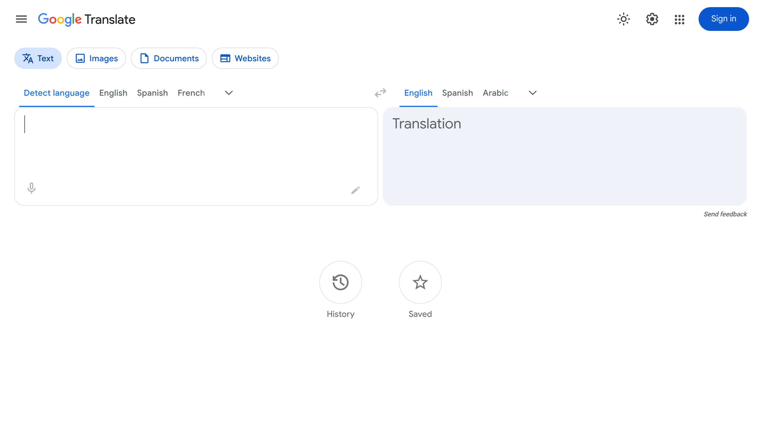 Google Translate web interface with text, image, document and website translation tabs