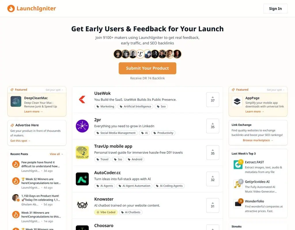 LaunchIgniter homepage showing the weekly product leaderboard with upvote counts and featured sidebar slots