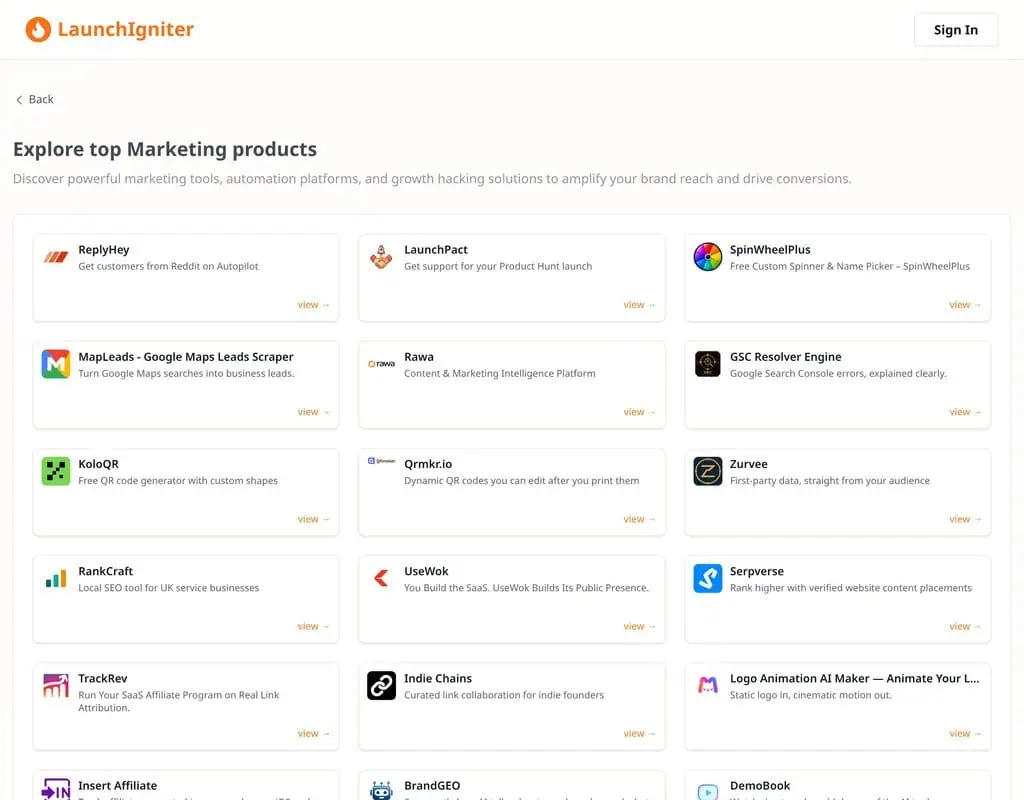 LaunchIgniter marketing category page showing a three column grid of listed marketing products