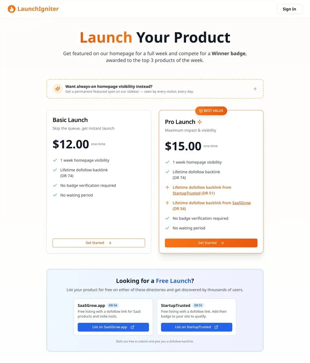 LaunchIgniter pricing page comparing the $12 Basic Launch and $15 Pro Launch plans with free launch options
