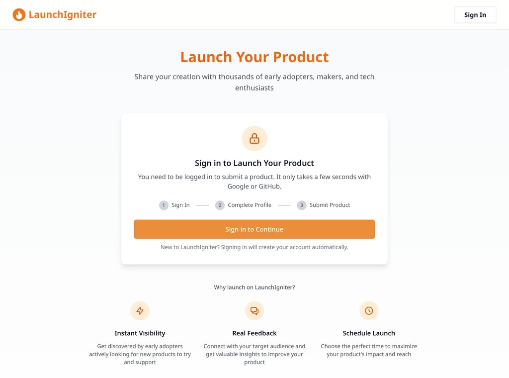 LaunchIgniter submit page showing the three step sign in, complete profile and submit product launch flow