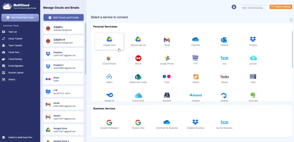 MultCloud Add Clouds and Emails screen with Google Drive selected from the supported services