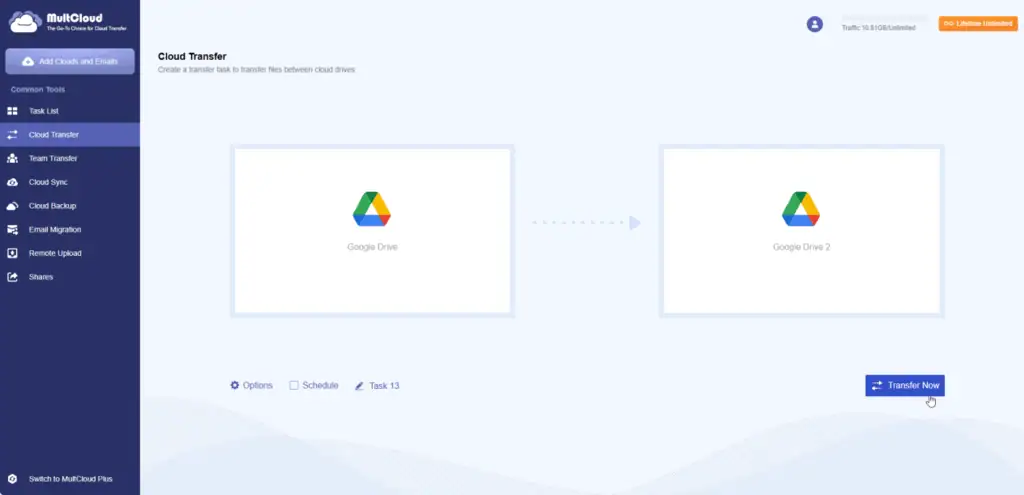 MultCloud Cloud Transfer task with the source Google Drive in the FROM box and the second Google Drive in the TO box