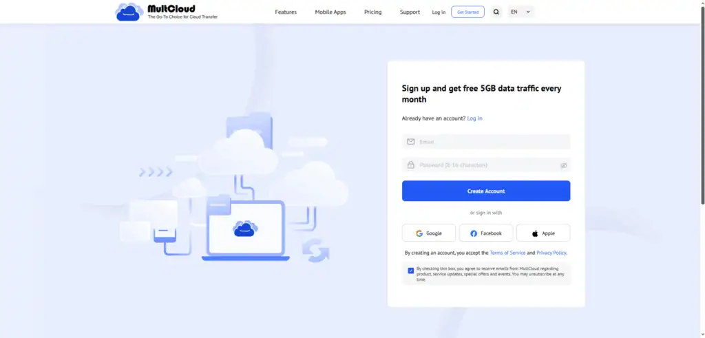 MultCloud signup page offering a free account with 5GB of monthly data traffic