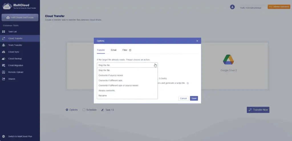 MultCloud transfer options listing the six actions for when a target file already exists