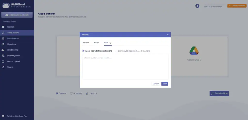 MultCloud transfer Filter tab set to ignore or include files by extension