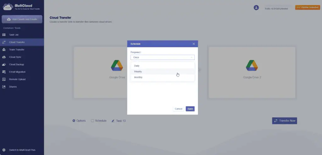 MultCloud Schedule dialog with daily, weekly and monthly transfer frequency options