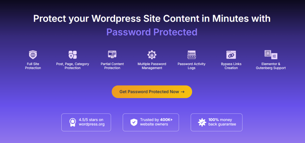 Password Protected WordPress plugin homepage showing full site protection, partial content protection and password activity logs