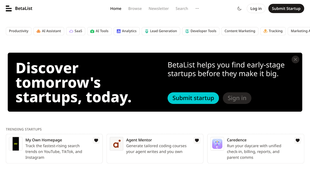 BetaList homepage listing early-stage startups collecting waitlist signups