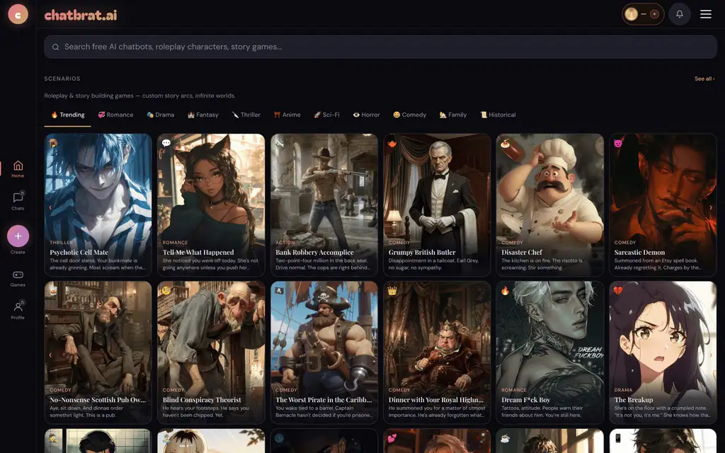 ChatBrat AI scenario library showing trending roleplay and story game cards