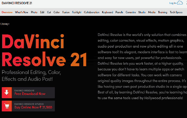 DaVinci Resolve 21 editing, color, effects and audio suite