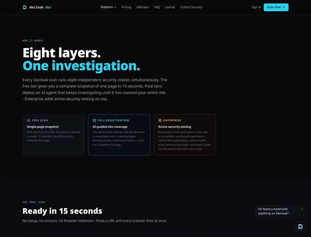 Decloak How it works page comparing the free scan, full AI investigation and Enterprise active testing