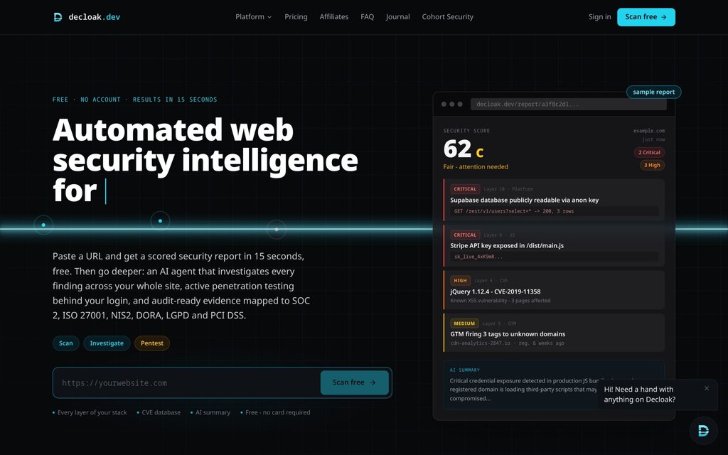 Decloak homepage with the free URL scanner and a sample report grading example.com 62, C, with two critical findings
