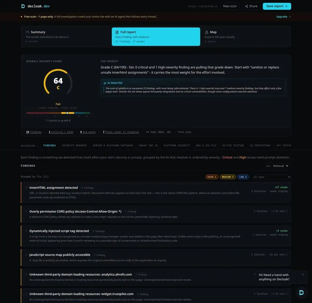 Decloak full report for zplatform.ai listing 1 high, 7 medium and 3 low findings grouped by fix