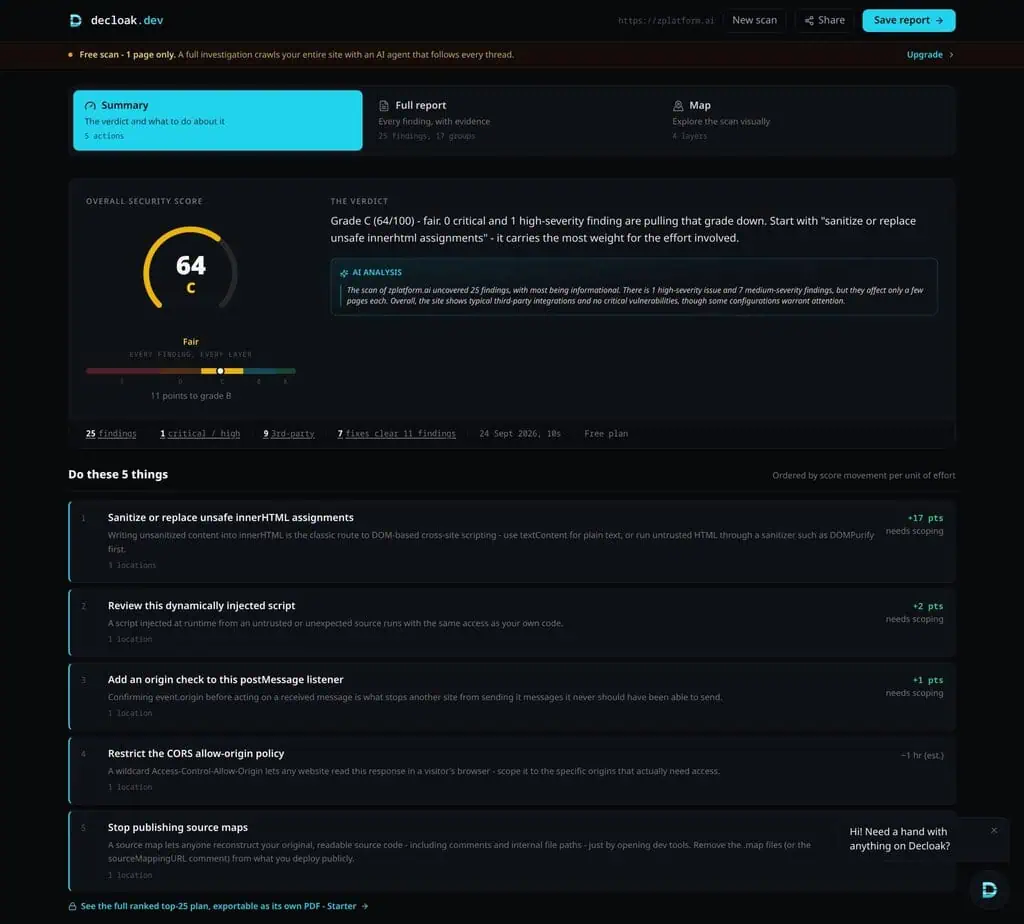 Decloak free scan of zplatform.ai scoring 64, grade C, with its five-step fix plan