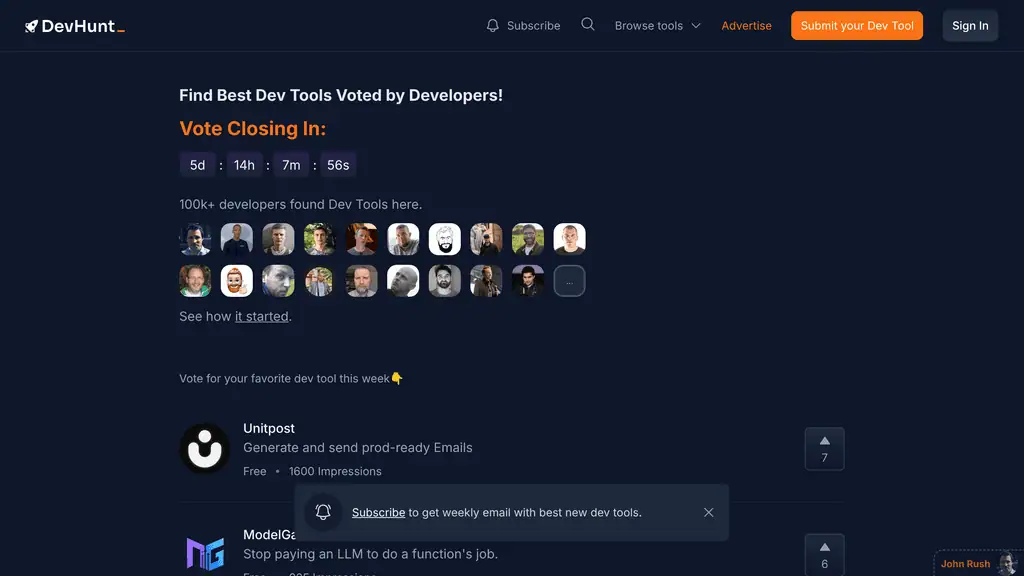Dev Hunt weekly leaderboard of developer tool launches