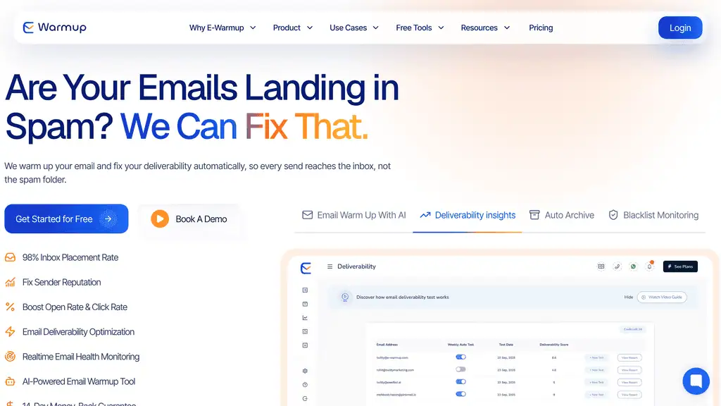 E-Warmup homepage with the spam-fix headline, free signup button and inbox placement claim