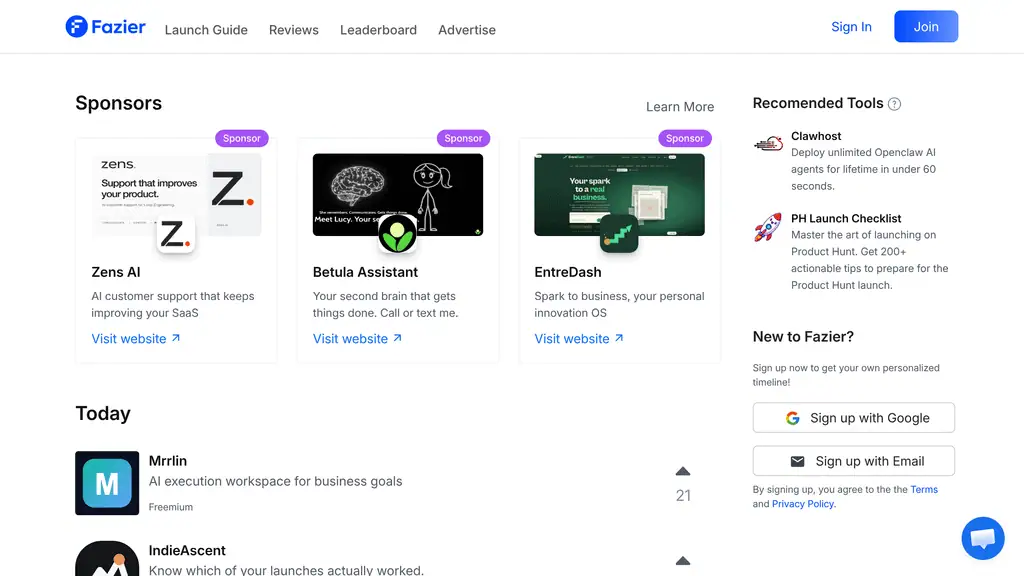Fazier launch board showing ranked product submissions