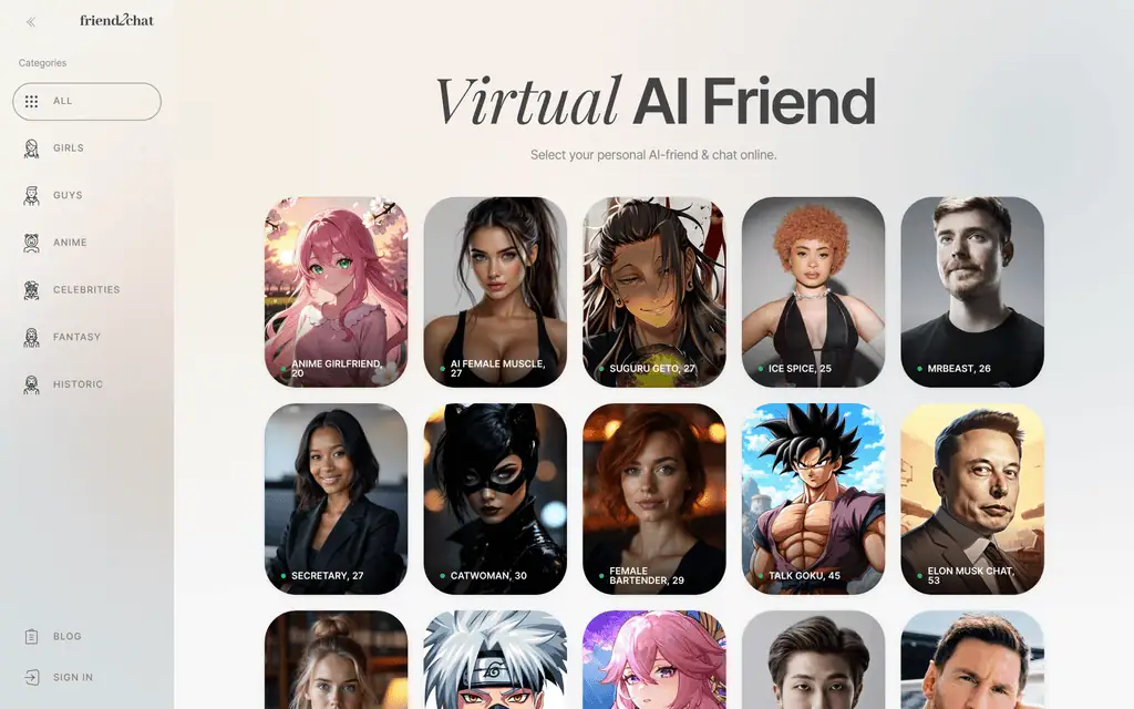 Friend2Chat character catalog with categories for girls, guys, anime and celebrities