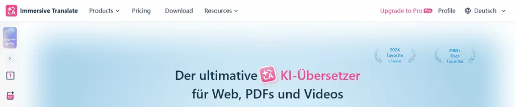 Immersive Translate's German page with English navigation labels sitting above the German headline