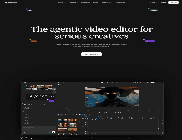 Invideo Editor timeline with its AI editing agent panel