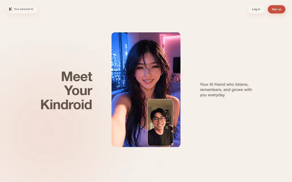 Kindroid homepage showing an AI companion video call with picture-in-picture