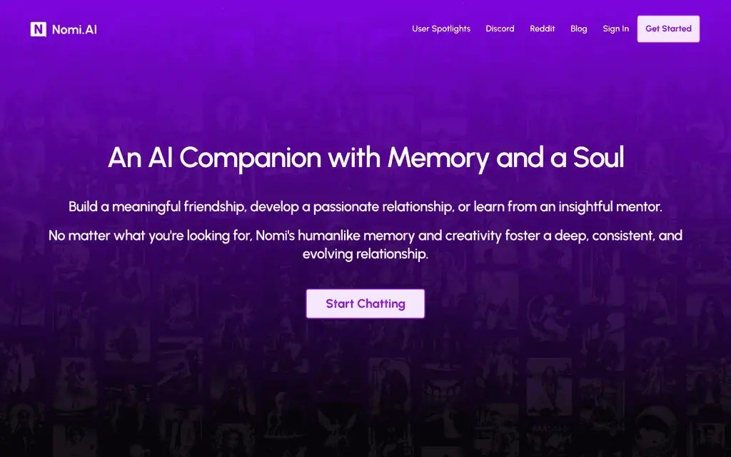 Nomi AI homepage headline: an AI companion with memory and a soul