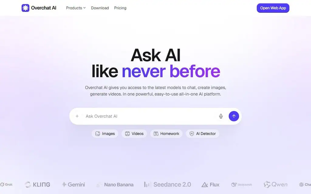 Overchat AI homepage with the Ask AI box and shortcuts for images, videos, homework and the AI detector